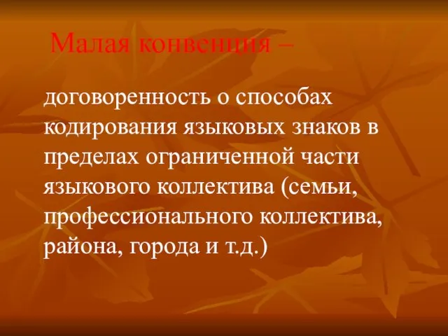 Малая конвенция – договоренность о способах кодирования языковых знаков в пределах ограниченной