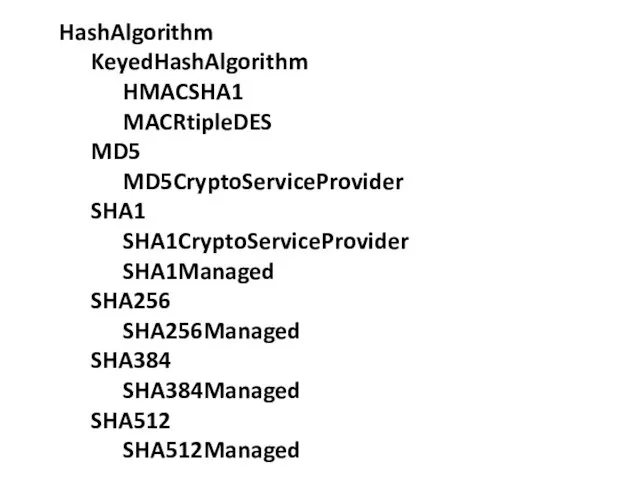 HashAlgorithm KeyedHashAlgorithm HMACSHA1 MACRtipleDES MD5 MD5CryptoServiceProvider SHA1 SHA1CryptoServiceProvider SHA1Managed SHA256 SHA256Managed SHA384 SHA384Managed SHA512 SHA512Managed