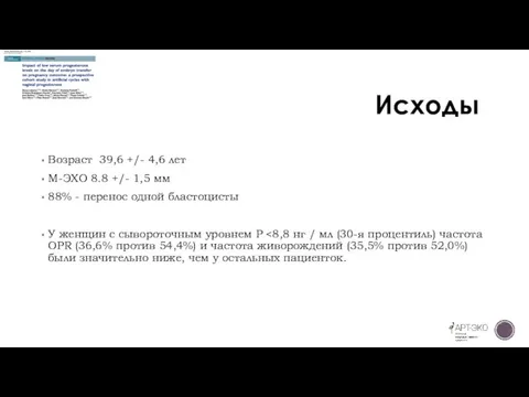 Исходы Возраст 39,6 +/- 4,6 лет М-ЭХО 8.8 +/- 1,5 мм 88%