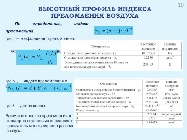 ВЫСОТНЫЙ ПРОФИЛЬ ИНДЕКСА ПРЕЛОМЛЕНИЯ ВОЗДУХА По определению, индекс преломления: где n —