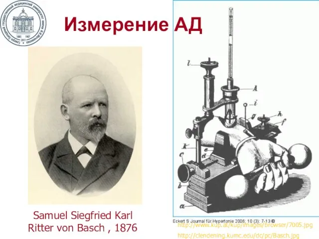 Samuel Siegfried Karl Ritter von Basch , 1876 http://www.kup.at/kup/images/browser/7005.jpg http://clendening.kumc.edu/dc/pc/Basch.jpg Измерение АД