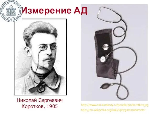 Николай Сергеевич Коротков, 1905 http://www.old.kurskcity.ru/people/pic/korotkov.jpg http://en.wikipedia.org/wiki/Sphygmomanometer Измерение АД