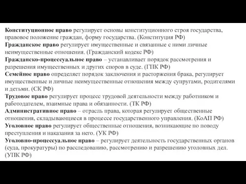 Конституционное право регулирует основы конституционного строя государства, правовое положение граждан, форму государства.