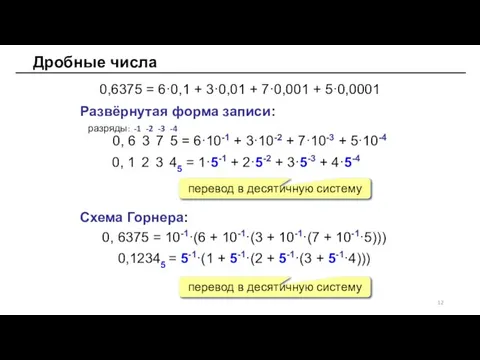 Дробные числа 0,6375 = 6·0,1 + 3·0,01 + 7·0,001 + 5·0,0001 0,