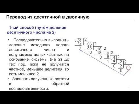 Перевод из десятичной в двоичную 1-ый способ (путём деления десятичного числа на