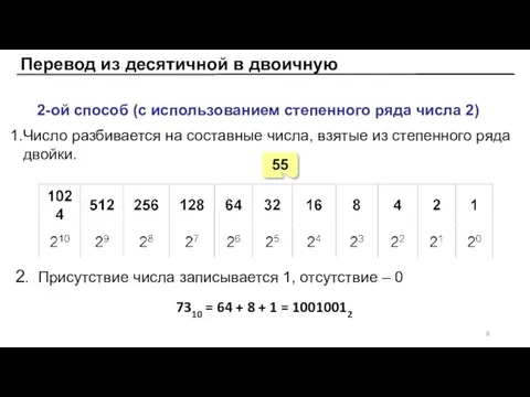 Перевод из десятичной в двоичную 2-ой способ (с использованием степенного ряда числа