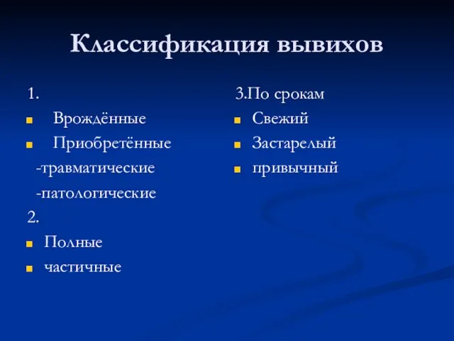 Классификация вывихов 1. Врождённые Приобретённые -травматические -патологические 2. Полные частичные 3.По срокам Свежий Застарелый привычный