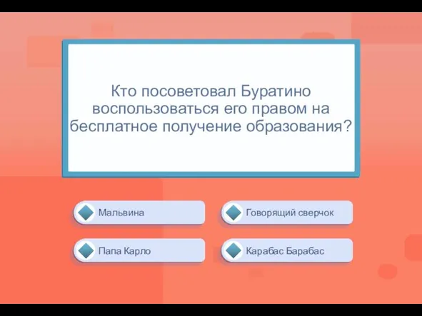 Кто посоветовал Буратино воспользоваться его правом на бесплатное получение образования? Говорящий сверчок