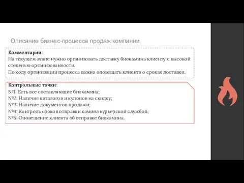 Описание бизнес-процесса продаж компании Комментарии: На текущем этапе нужно организовать доставку биокамина