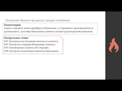 Описание бизнес-процесса продаж компании Комментарии: Задача текущего этапа приобрести биокамин у стороннего