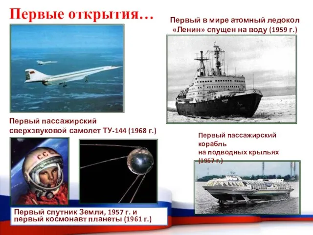 Первые открытия… Первый пассажирский сверхзвуковой самолет ТУ-144 (1968 г.) Первый спутник Земли,