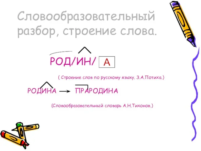 Словообразовательный разбор, строение слова. РОД/ИН/ ( Строение слов по русскому языку. З.А.Потиха.)