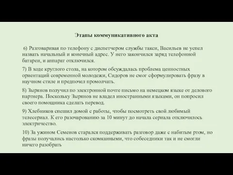 Этапы коммуникативного акта 6) Разговаривая по телефону с диспетчером службы такси, Васильев