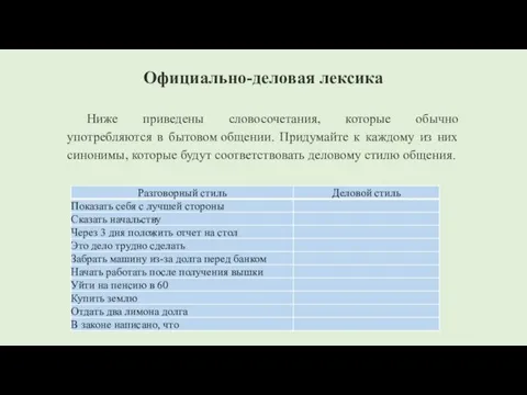 Официально-деловая лексика Ниже приведены словосочетания, которые обычно употребляются в бытовом общении. Придумайте