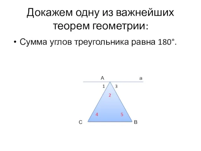 Докажем одну из важнейших теорем геометрии: Сумма углов треугольника равна 180°. А