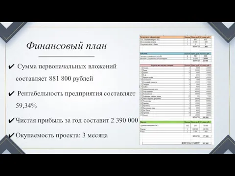 Финансовый план Сумма первоначальных вложений составляет 881 800 рублей Рентабельность предприятия составляет