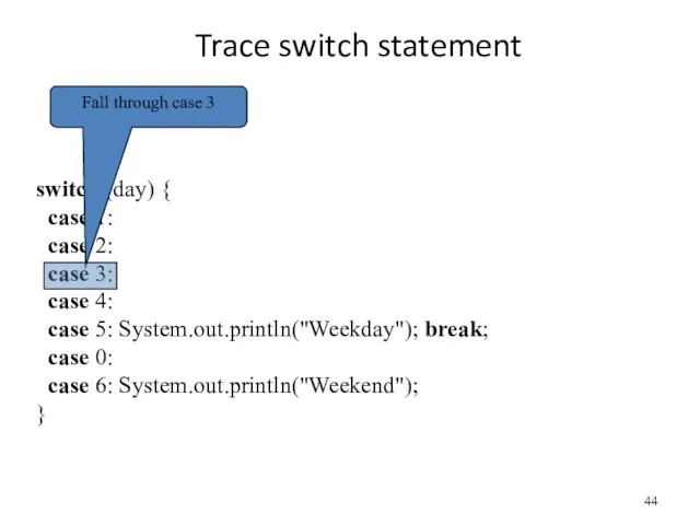 Trace switch statement switch (day) { case 1: case 2: case 3: