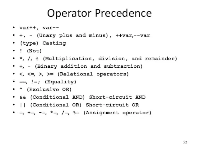Operator Precedence var++, var-- +, - (Unary plus and minus), ++var,--var (type)