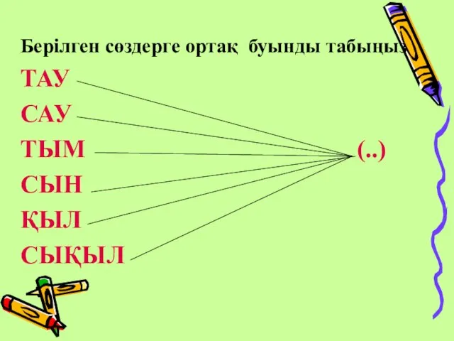 Берілген сөздерге ортақ буынды табыңыз ТАУ САУ ТЫМ (..) СЫН ҚЫЛ СЫҚЫЛ