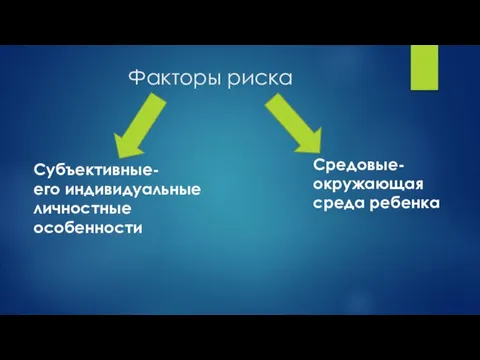 Факторы риска Средовые- окружающая среда ребенка Субъективные- его индивидуальные личностные особенности