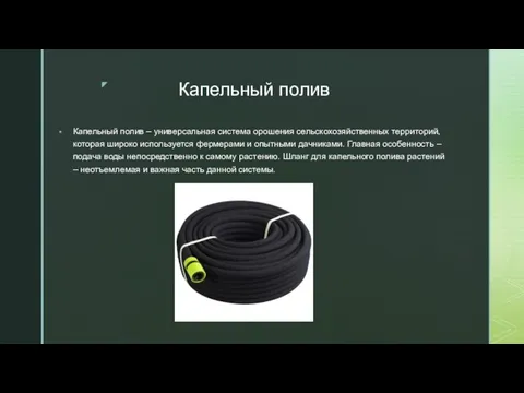 Капельный полив Капельный полив – универсальная система орошения сельскохозяйственных территорий, которая широко