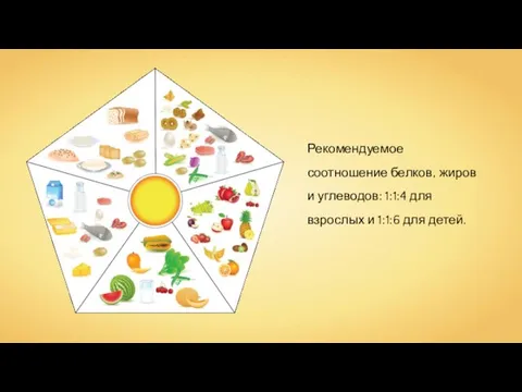 Рекомендуемое соотношение белков, жиров и углеводов: 1:1:4 для взрослых и 1:1:6 для детей.