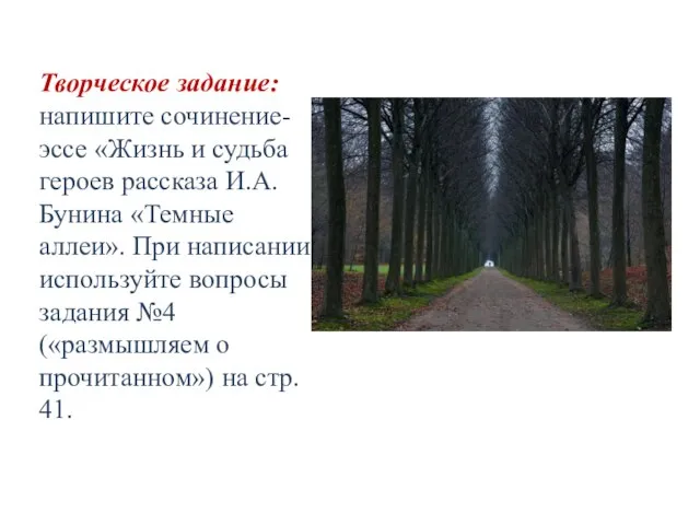 Творческое задание: напишите сочинение-эссе «Жизнь и судьба героев рассказа И.А. Бунина «Темные