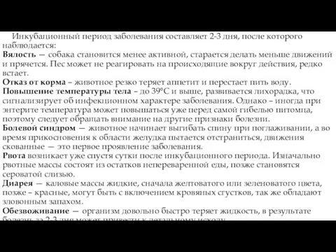 Инкубационный период заболевания составляет 2-3 дня, после которого наблюдается: Вялость — собака