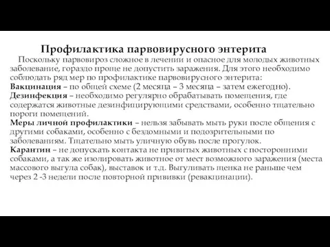 Профилактика парвовирусного энтерита Поскольку парвовироз сложное в лечении и опасное для молодых