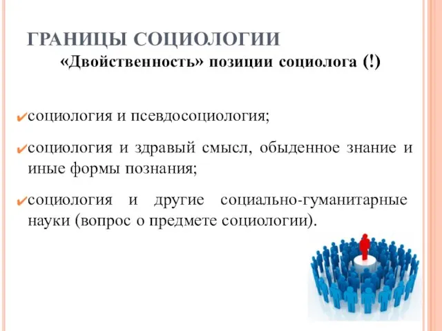 ГРАНИЦЫ СОЦИОЛОГИИ «Двойственность» позиции социолога (!) социология и псевдосоциология; социология и здравый