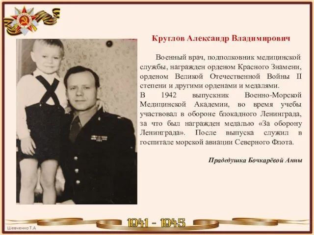 Круглов Александр Владимирович Военный врач, подполковник медицинской службы, награжден орденом Красного Знамени,