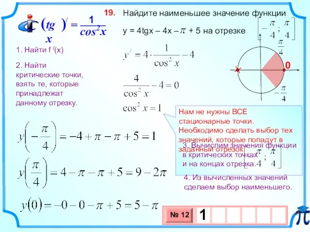 Найдите наименьшее значение функции y = 4tgx – 4x – + 5