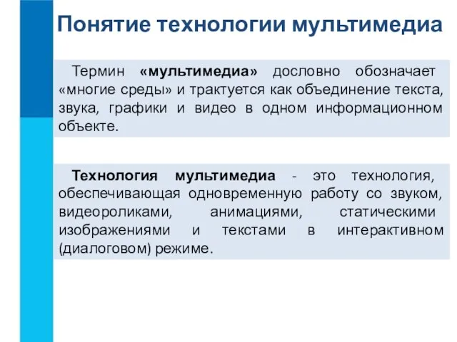 Понятие технологии мультимедиа Термин «мультимедиа» дословно обозначает «многие среды» и трактуется как