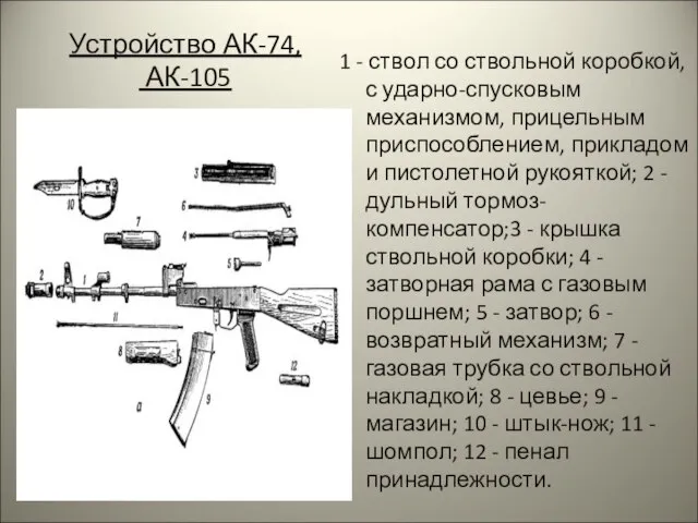 Устройство АК-74, АК-105 1 - ствол со ствольной коробкой, с ударно-спусковым механизмом,