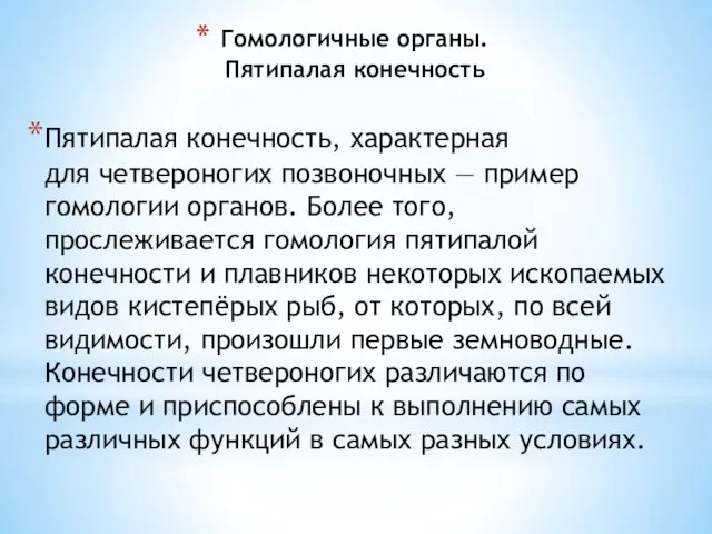 Гомологичные органы. Пятипалая конечность Пятипалая конечность, характерная для четвероногих позвоночных — пример