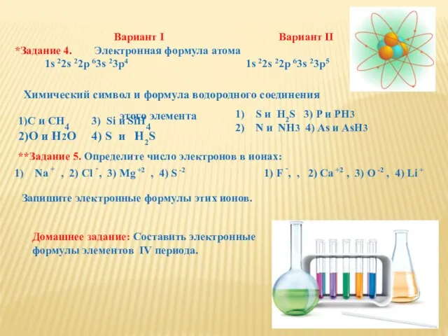 Вариант I Вариант II *Задание 4. Электронная формула атома 1s 22s 22p