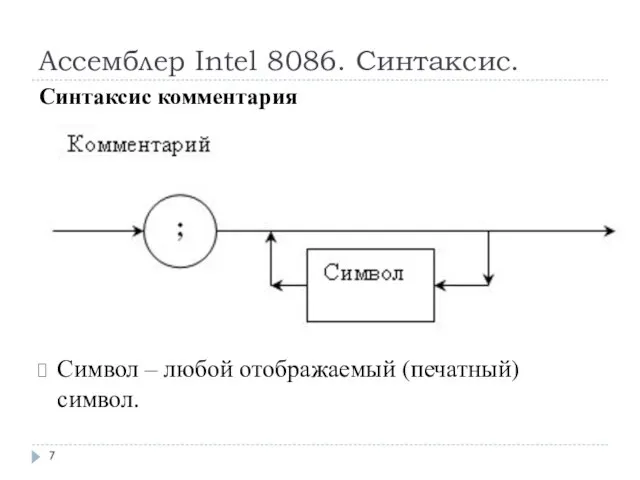 Ассемблер Intel 8086. Синтаксис. Символ – любой отображаемый (печатный) символ. Синтаксис комментария