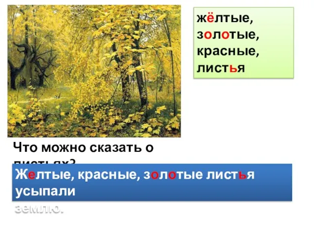 Что можно сказать о листьях? Желтые, красные, золотые листья усыпали землю. жёлтые, золотые, красные, листья