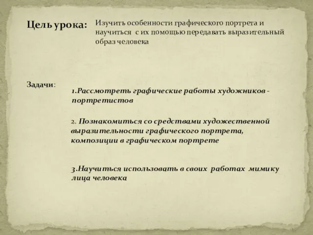 Цель урока: Изучить особенности графического портрета и научиться с их помощью передавать