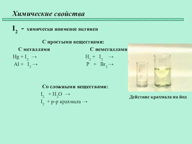 Химические свойства I2 - химически наименее активен С простыми веществами: С металлами