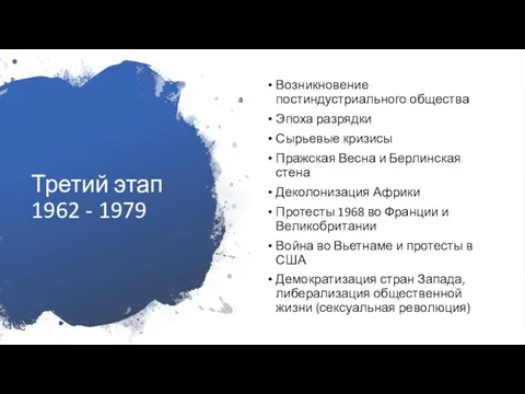 Третий этап 1962 - 1979 Возникновение постиндустриального общества Эпоха разрядки Сырьевые кризисы