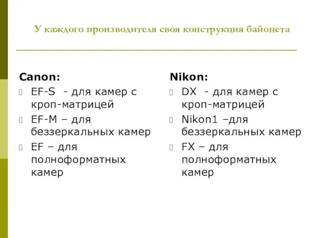 У каждого производителя своя конструкция байонета Canon: EF-S - для камер с