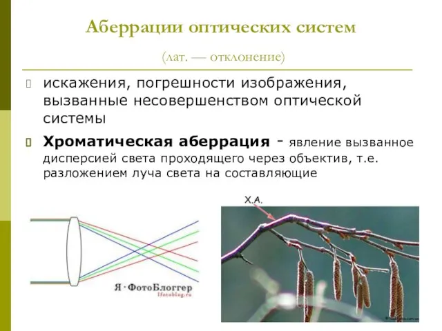 Аберрации оптических систем (лат. — отклонение) искажения, погрешности изображения, вызванные несовершенством оптической