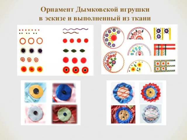 Орнамент Дымковской игрушки в эскизе и выполненный из ткани