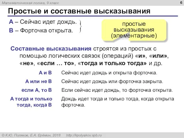 Простые и составные высказывания A – Сейчас идет дождь. B – Форточка