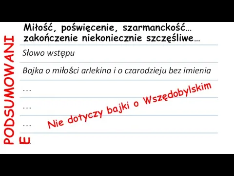 Miłość, poświęcenie, szarmanckość… zakończenie niekoniecznie szczęśliwe… PODSUMOWANIE Nie dotyczy bajki o Wszędobylskim