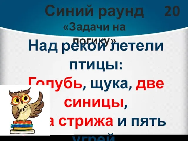 Синий раунд «Задачи на логику» 20 Над рекой летели птицы: Голубь, щука,