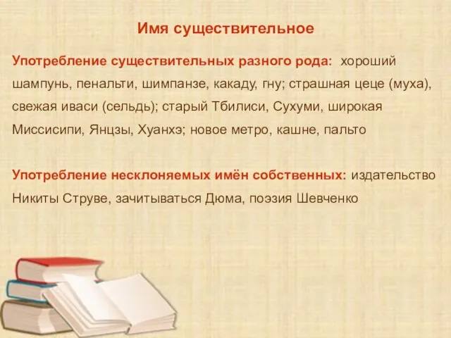 Имя существительное Употребление существительных разного рода: хороший шампунь, пенальти, шимпанзе, какаду, гну;