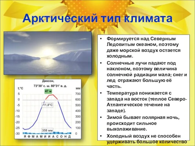 Арктический тип климата Формируется над Северным Ледовитым океаном, поэтому даже морской воздух