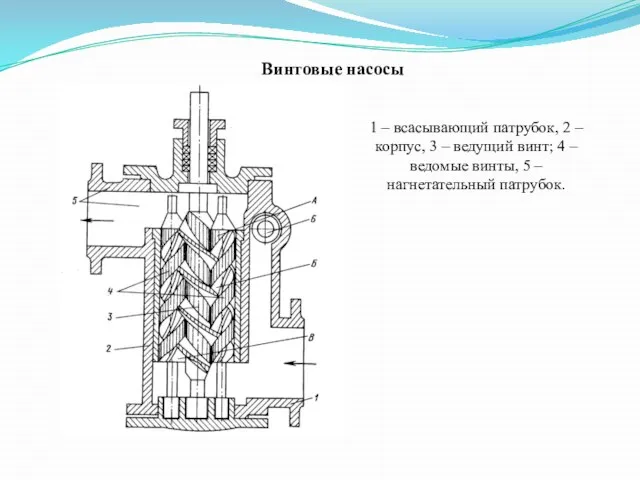 Винтовые насосы 1 – всасывающий патрубок, 2 – корпус, 3 – ведущий